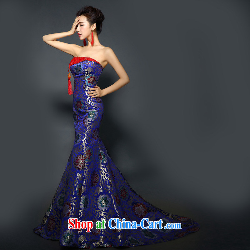 Dress cheongsam dress 2015 new stylish improved bows clothing retro banquet crowsfoot long evening dress dresses, spring dresses, special blue L, 100 Ka-ming, and shopping on the Internet