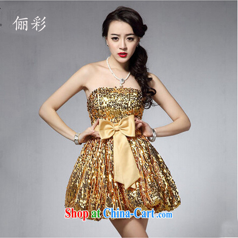 An MMS message Korean dress, erase chest small dress Princess dress short bridesmaid dress moderator dress gold L