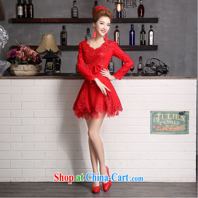 The Vanessa bridal toast clothing summer 2015 new wedding dresses red long-sleeved one shoulder dress red short wedding dress annual banquet dress red XL _the necklace earrings_