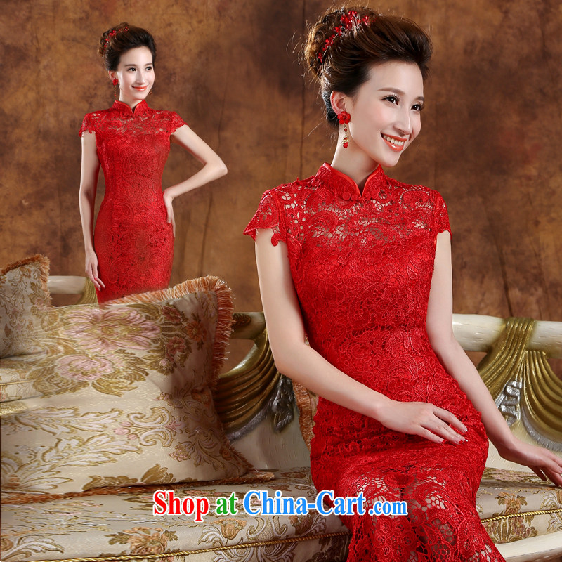 2015 new stylish bridal toast dress uniform a Field shoulder crowsfoot beauty bridal wedding toast serving long, annual red dress red M, 100-ball (Ball Lily), online shopping
