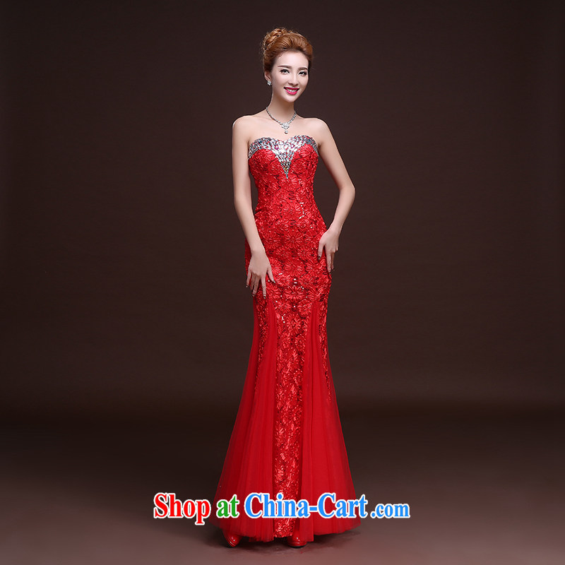 Wei Qi gold Evening Dress 2015 New Long Chest bare bows dress uniform crowsfoot wedding dresses banquet moderator evening dress summer red M