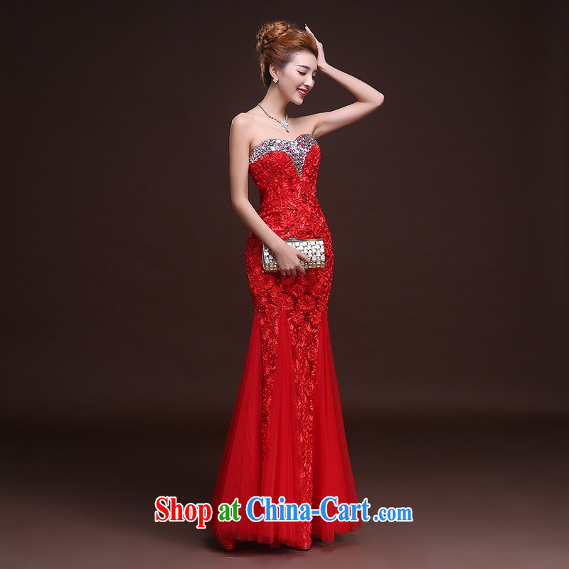 Wei Qi gold Evening Dress 2015 New Long Chest bare bows dress uniform crowsfoot wedding dresses banquet moderator evening dress summer red M, Qi wei (QI WAVE), online shopping