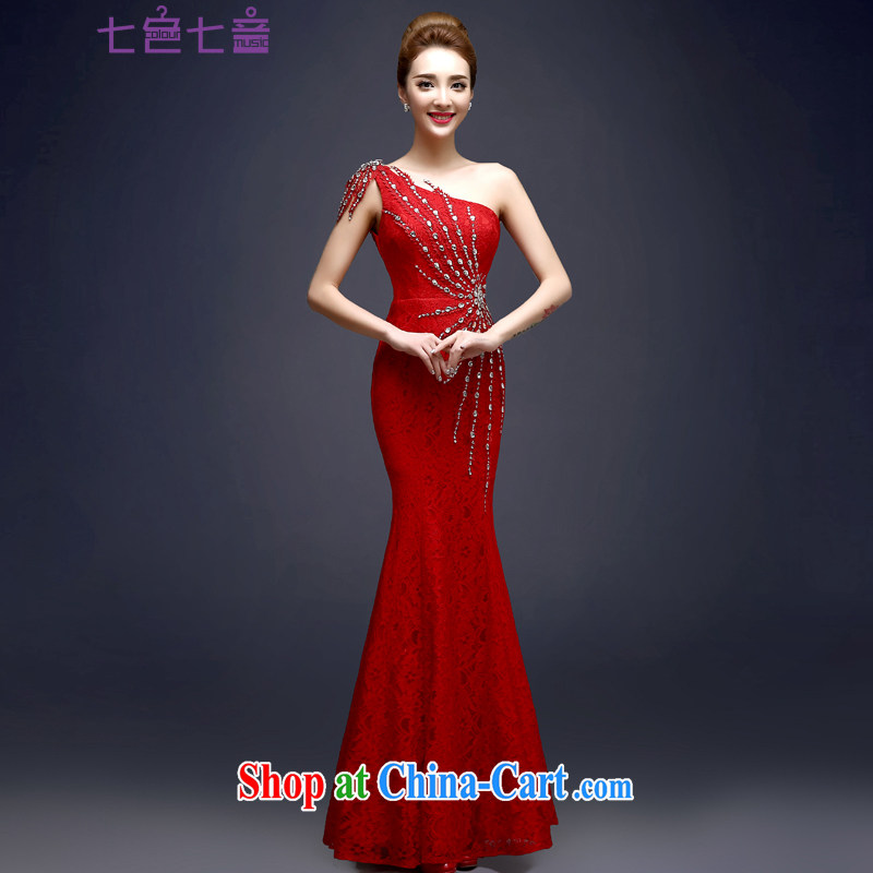 7 color 7 tone 2015 new long single shoulder cultivating parquet drill crowsfoot banquet toast clothing dress L 029 red tailored _final_