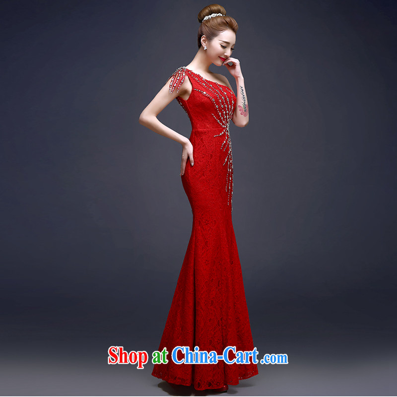 7 color 7 tone 2015 new long single shoulder cultivating parquet drill crowsfoot banquet toast clothing dress L 029 red tailored (final), 7 color 7 tone, shopping on the Internet