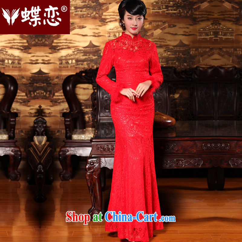 Butterfly Lovers fall 2015, Retro improved cheongsam to wine service at Merlion dress long, long-sleeved red wedding dress winter 49,161 red XXL