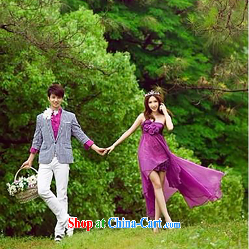 The bride's wedding dresses 2015 new front short long purple dress flowers manually 409 purple M, the bride, shopping on the Internet