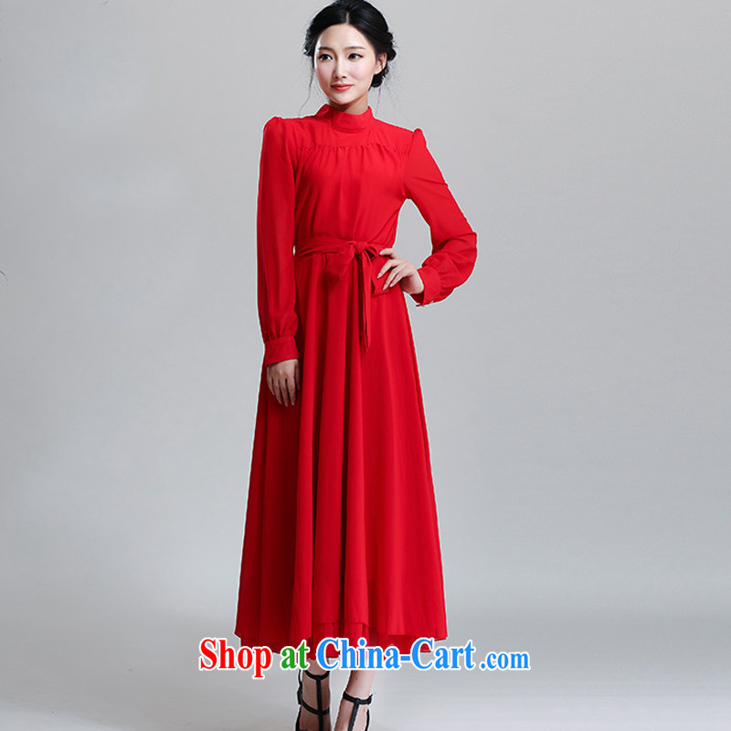 Land is still the Yi 2015 spring new Korean style long-sleeved snow-woven dresses ultra-large long skirt China's Red lady dresses bridesmaid bridal gown dress red XL, land is still the garment, shopping on the Internet