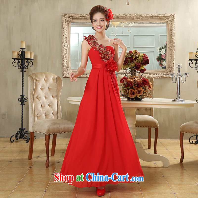A good service is 2015 new bride wedding dress Long Red single shoulder aligned with flowers, wedding dress skirt red 2 XL, good service, and shopping on the Internet
