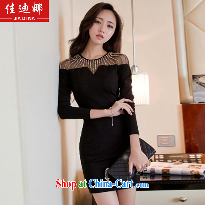 Achieve better, spring 2015 new European and American style Ladies Night sense of a yuan peg Pearl package and long-sleeved knitted dresses dress 379 black XL