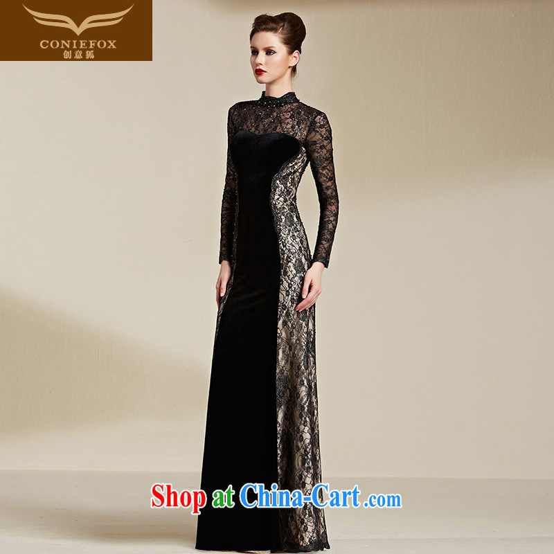 Creative Fox Evening Dress 2015 new lace long-sleeved banquet dress black evening dress dress dress elegant toasting service package shoulder dress long black 82,066 XXL