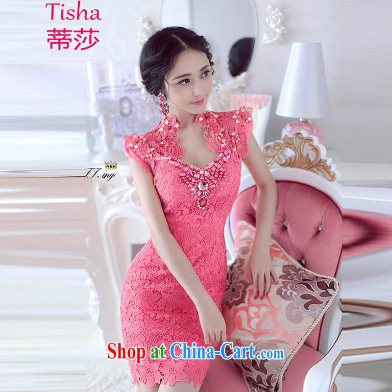 Tisha 2015 bridal Evening Dress bridesmaid dress luxurious parquet drill nails Pearl lace dresses evening dress 8080 luxury pink L, Tisha, shopping on the Internet