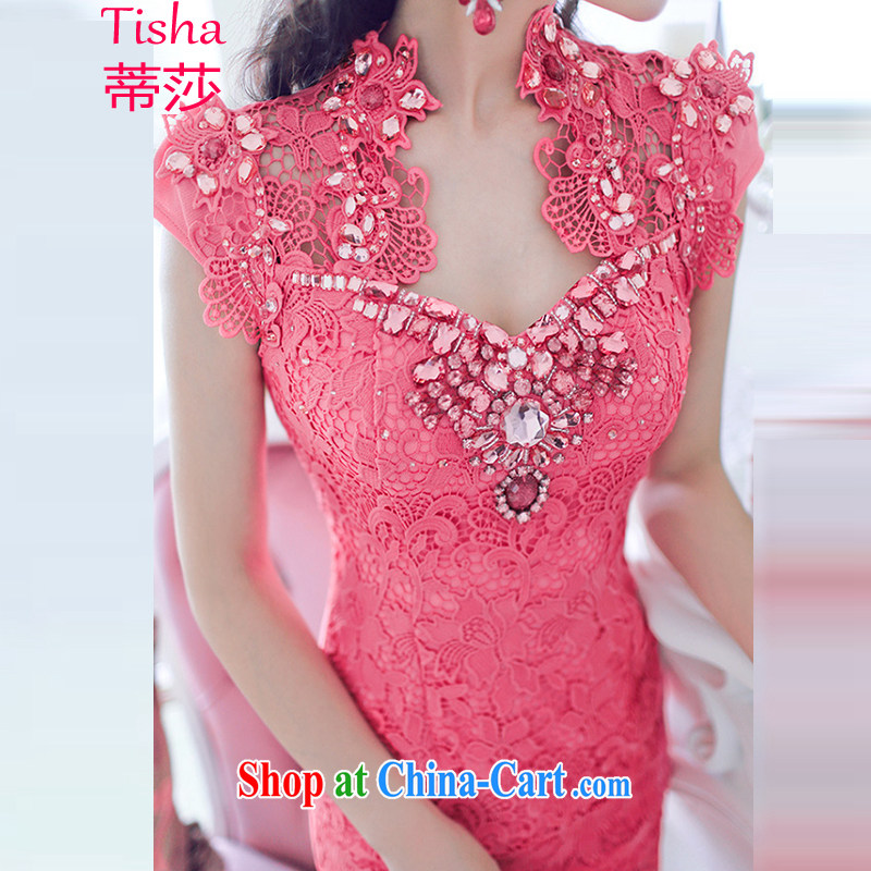 Tisha 2015 bridal Evening Dress bridesmaid dress luxurious parquet drill nails Pearl lace dresses evening dress 8080 luxury pink L, Tisha, shopping on the Internet