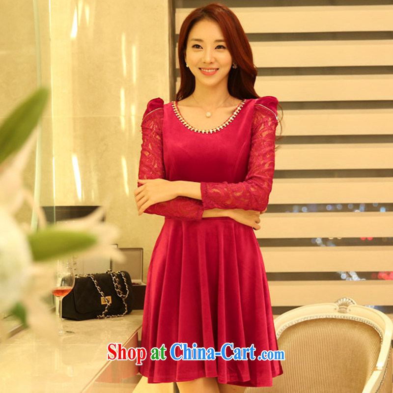 Land is the Yi 2015 spring female graphics gaunt the female Korean Beauty aura, wool lace long-sleeved dresses thick MM the dress code dress 9822 red XXXL, land is still the garment, online shopping