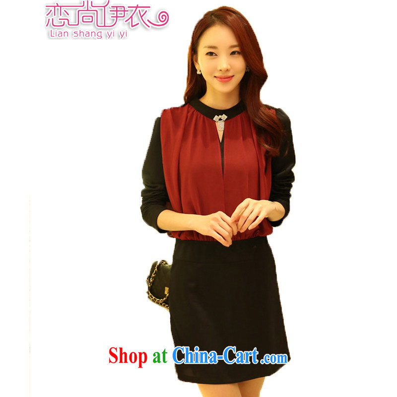 Land is the Yi 2015 spring female Korean OL temperament of the yuan, Video cultivating false Two-piece solid skirt further skirt package and long-sleeved dresses, diamond jewelry maroon XXXL