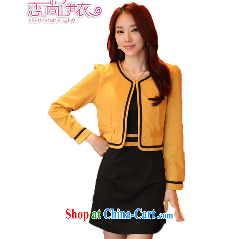 Land is the Yi, female 2015 spring female OL Korean sweet long-sleeved beauty graphics thin two-piece dresses the dress code package 92,324 yellow T-shirt Kit XXXL