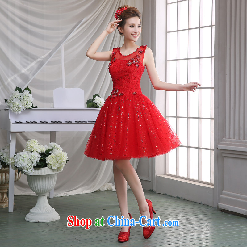 Jie MIA wedding dresses 2015 new toast serving red lace flowers short dual-shoulder White Dress bridesmaid clothing red XXL