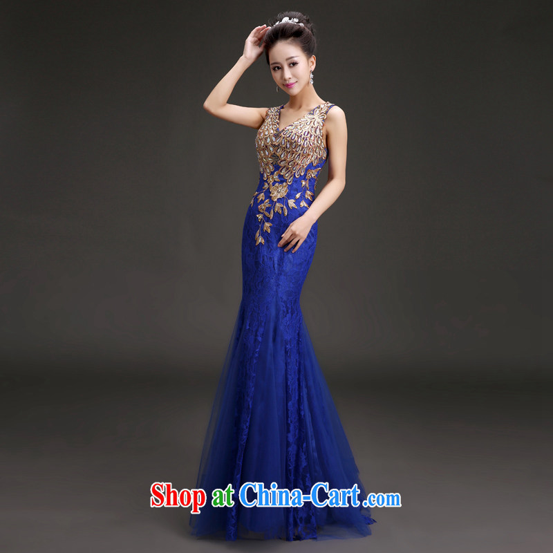 (Quakers, bride toast wedding dress Korean crowsfoot graphics thin shoulders dress V for the Annual Dinner Show dress blue dress with L code waist 2.1 feet, and friends (LANYI), online shopping