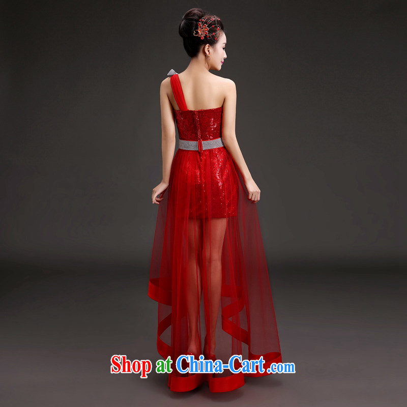 (Quakers) estimated 2015 new spring and summer evening dress Korean single shoulder graphics thin front short long bridal wedding dress toast stage hosted banquet service red M code waist 2 feet, and friends (LANYI), online shopping