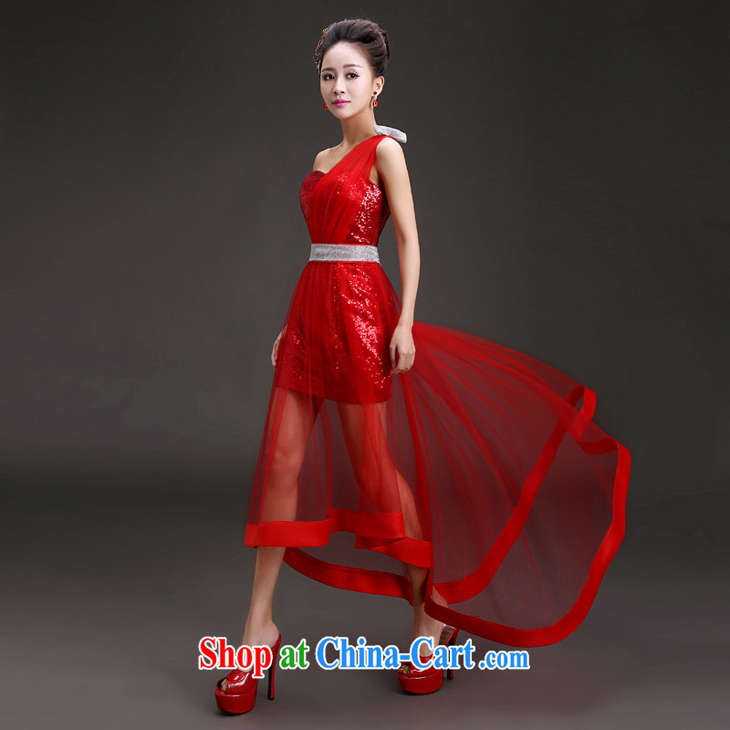 (Quakers) estimated 2015 new spring and summer evening dress Korean single shoulder graphics thin front short long bridal wedding dress toast stage hosted banquet service red M code waist 2 feet, and friends (LANYI), online shopping