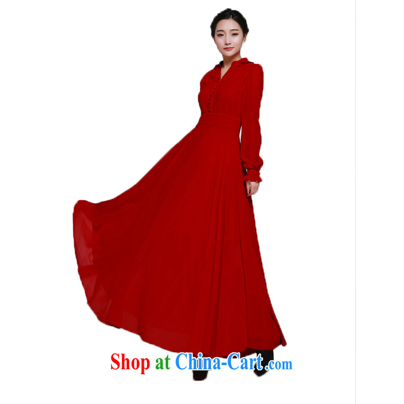 Land is the Yi 2015 spring female Korean version of the new retro College lady long skirt classic stylish festive red bridal back-door dress long-sleeved dresses 9883 wine red XL, land is still the garment, and shopping on the Internet