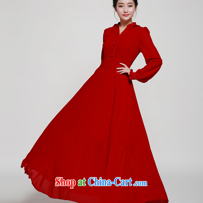 Land is the Yi 2015 spring female Korean version of the new retro College lady long skirt classic stylish festive red bridal back-door dress long-sleeved dresses 9883 wine red XL, land is still the garment, and shopping on the Internet