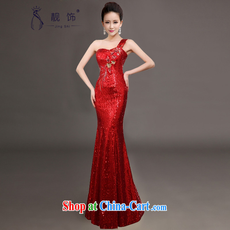 Beautiful trim the shoulder Evening Dress 2015 new toast service luxury, long dresses at Merlion moderator performances. Red with XL paragraph
