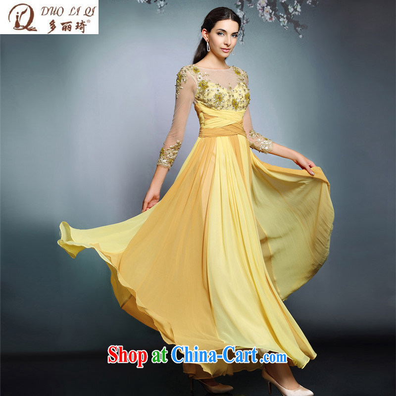 More than Li Qi long-sleeved yellow Evening Dress retro Palace long moderator performances dress picture color XXL