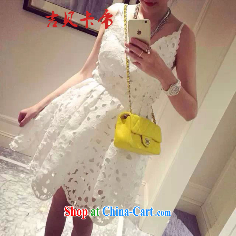 The Bekaa in Dili 6319 _100 Ground Sense of cultivating the waist straps for V Openwork lace solid dress dress dress white M
