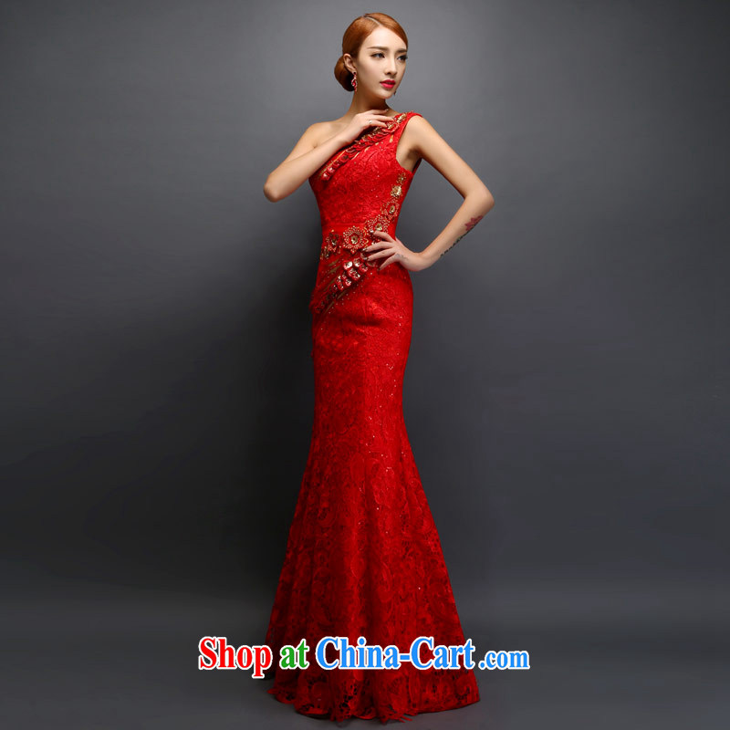 Love Life dress single shoulder bridal toast serving red embroidery, water-soluble lace inserts drill retro crowsfoot sexy dress beauty graphics thin red XS, love life, and shopping on the Internet
