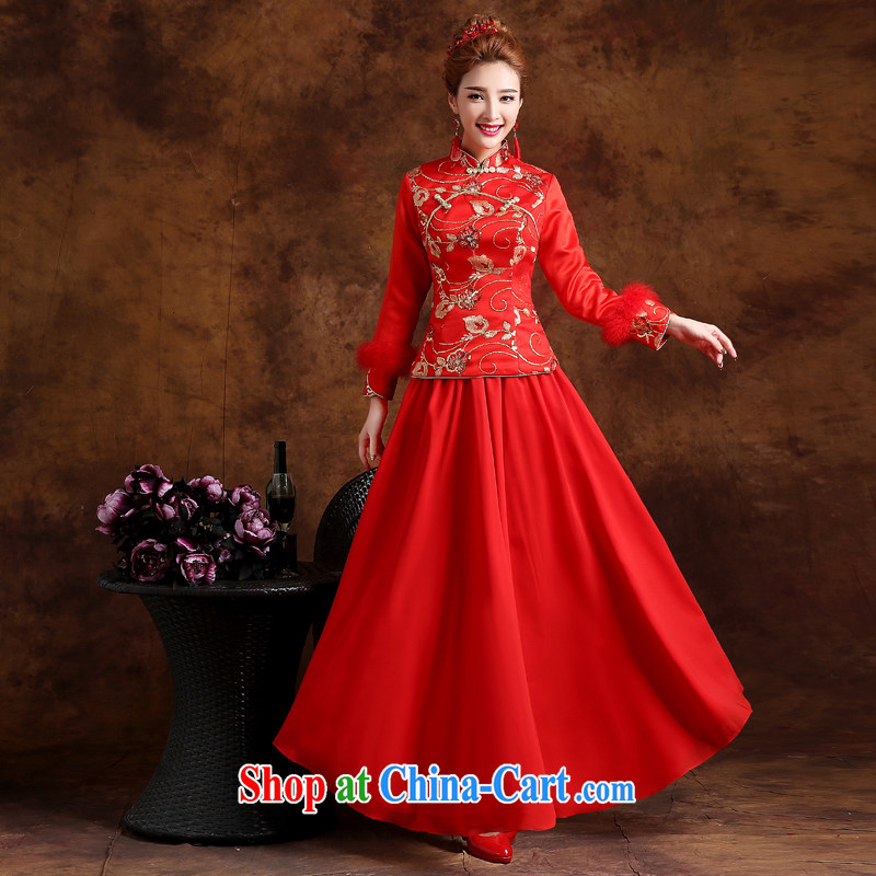 Marriage true love toast winter clothes dresses 2015 new improved Bridal Fashion wedding dress retro long-sleeved long red XXL