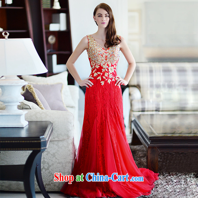 Garden new 2015 red long V collar embroidery upscale bridal toast winter clothing for wedding dress crowsfoot red tail 15 CM 173 - M