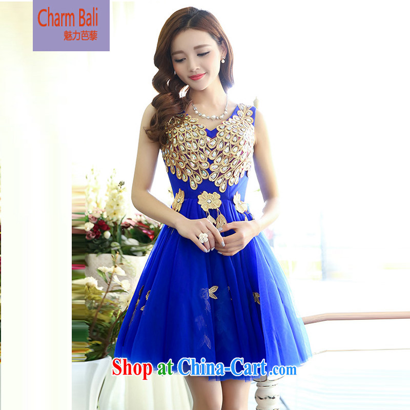 2015 summer edition Korea stylish sleeveless V collar Peacock shaggy dress skirt wedding dress royal blue XL