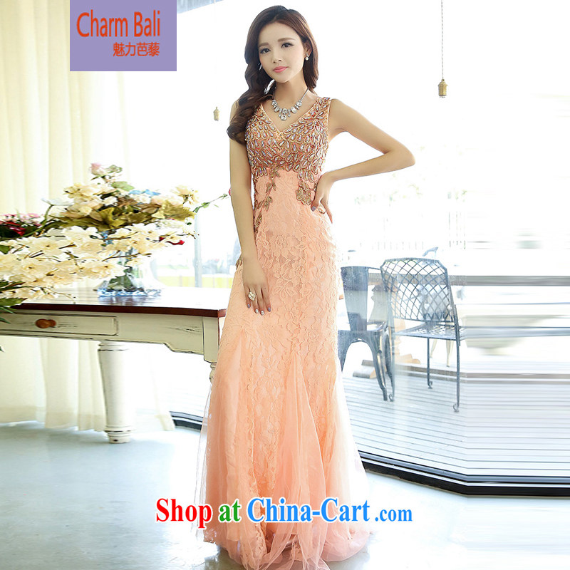 2015 summer edition Korea cultivating long sleeveless V collar lace wedding dress skirt pink XL