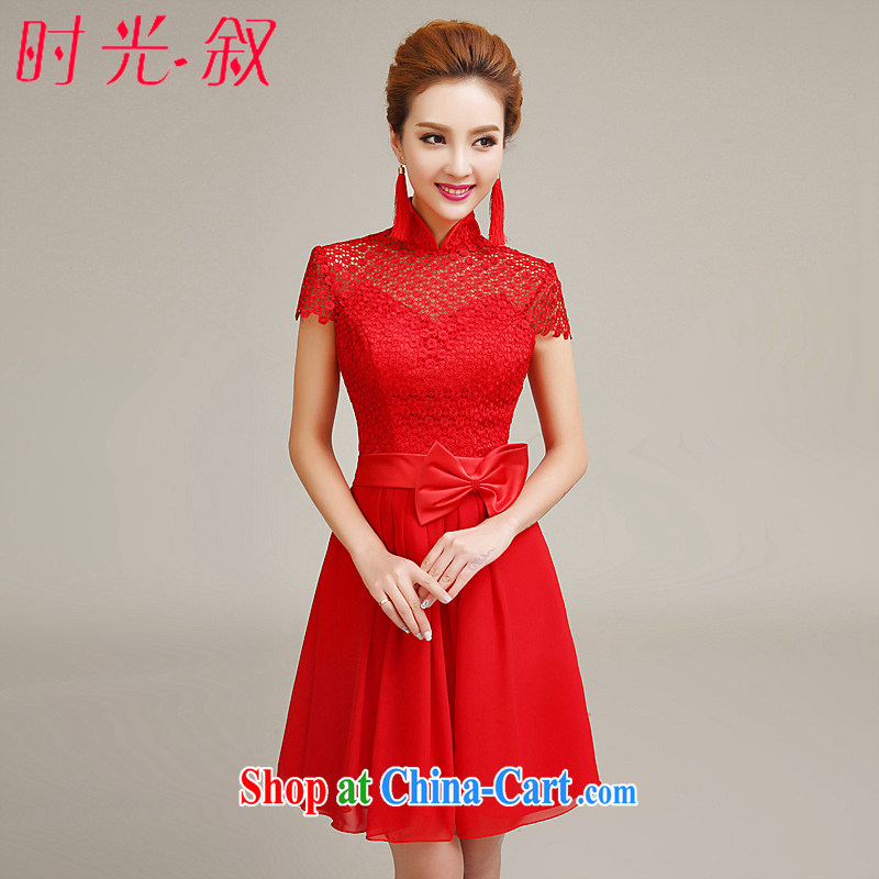 Time his small red dress 2015 new marriages short bag shoulder bows serving lace bridesmaid dress dress summer L