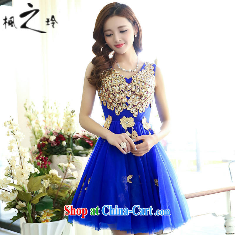 Feng-ling of 2015 summer new Korean style short sleeveless V collar Peacock shaggy dress skirt wedding dress royal blue M
