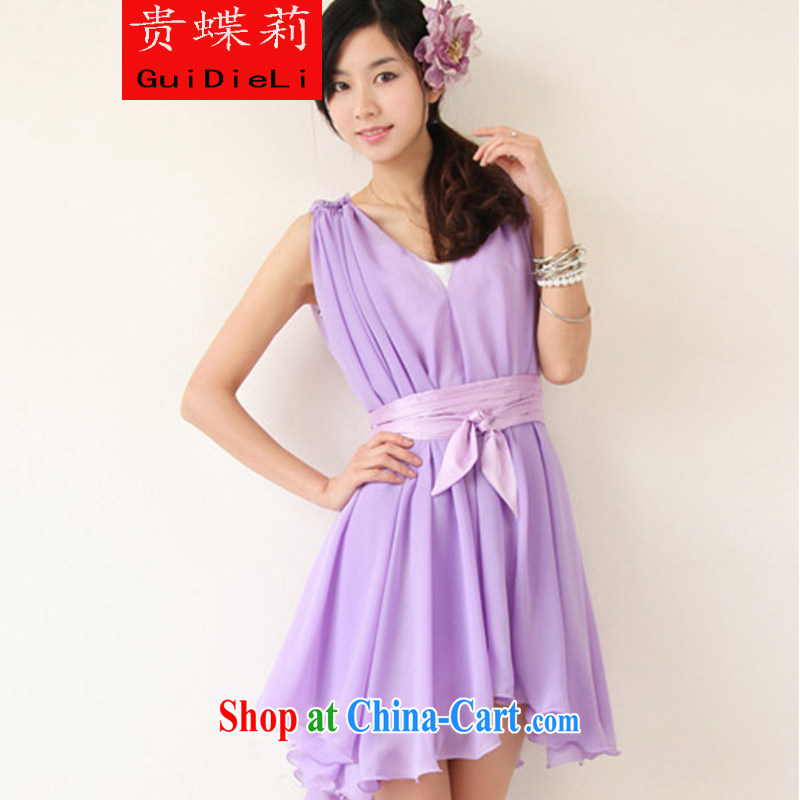 The butterfly Li 2015 bridesmaid dress Solid Color flouncing short sleeveless both the front and rear through snow-woven large skirt smoke purple with purple ribbon L