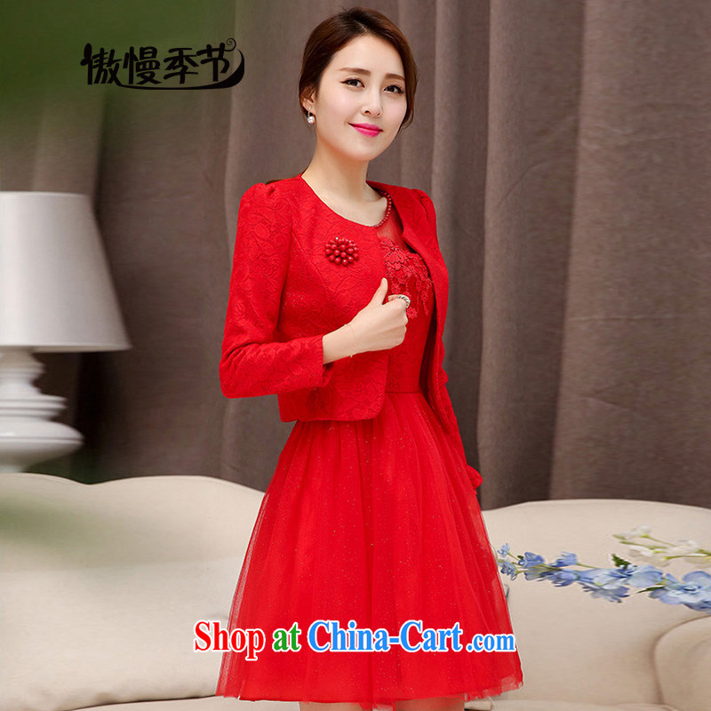 Arrogant season autumn 2015 new Openwork embroidery dress dress two-piece toast serving the door red bridesmaid clothing picture color XXL