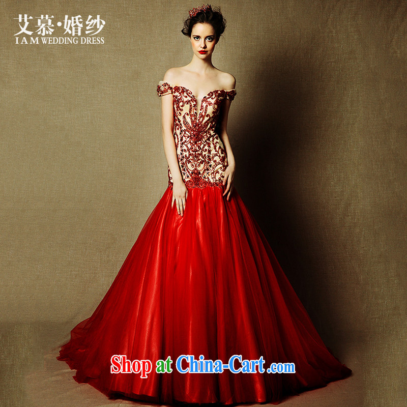 On the wedding dresses new 2015 Ngai advisory committee Red field shoulder-length, crowsfoot tail bows dress red L