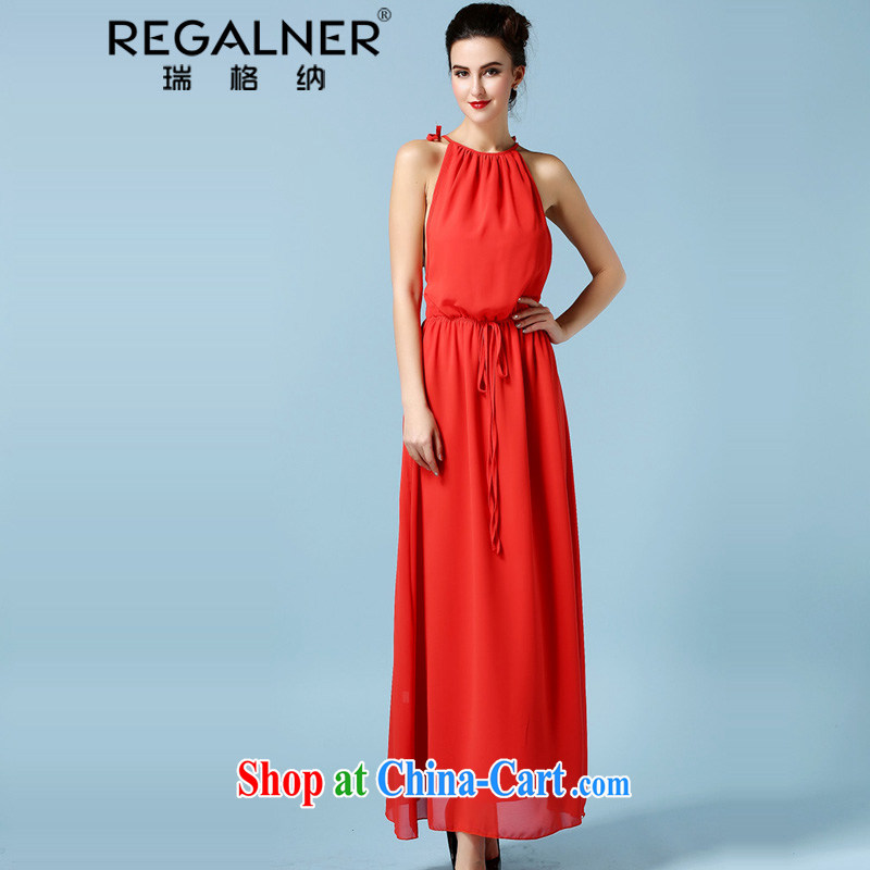 Ryan, 2015 new sense of poverty that festival, dress skirt waist-Solid Color double-strap dresses and to vest skirt red-orange XL