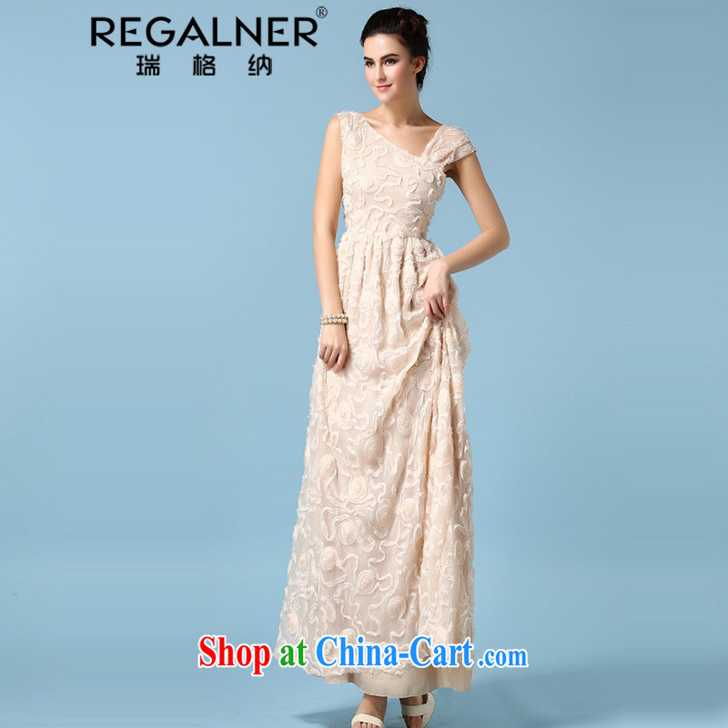 Ryan, the 2015 spring and summer dress single shoulder bare chest dress three-dimensional flower silk wrinkles and long skirt refined apricot XL, Ryan Wagner (REGALNER), shopping on the Internet