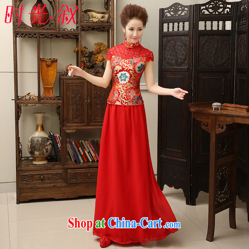 Syria Time 2015 summer new Chinese improved lace cheongsam woman a shoulder graphics thin cheongsam marriages bows snow woven long wooden drill XXL