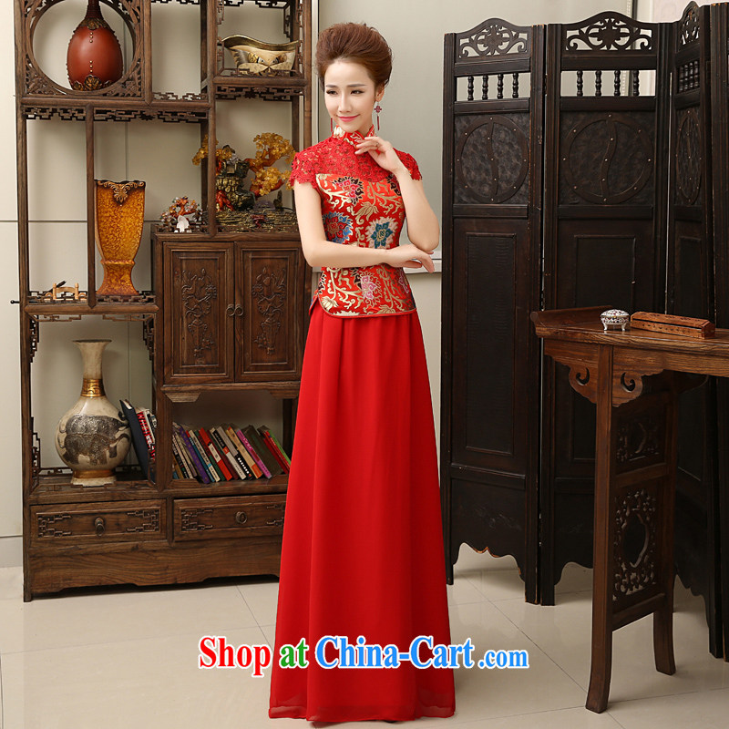 Syria Time 2015 summer new Chinese improved lace cheongsam woman a shoulder graphics thin dresses bridal wedding toast snow woven long wooden drill XXL, time, and shopping on the Internet