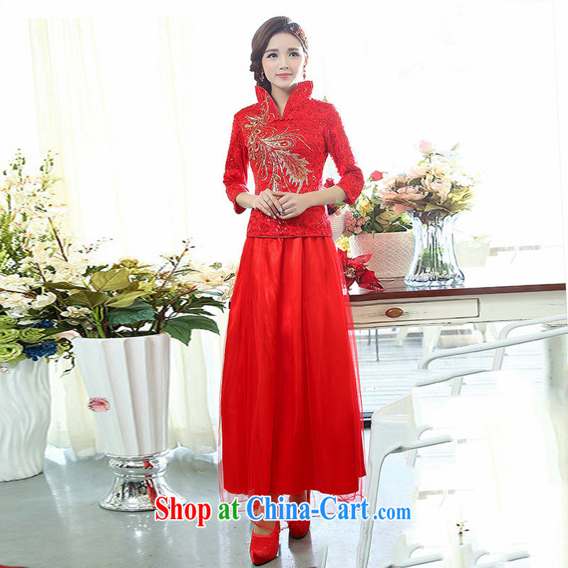 New original Chinese Ethnic Wind bridal dresses with 7 sub-cuff high collar embroidered, female banquet body long skirt Kit cultivating two-piece dress red 3XL