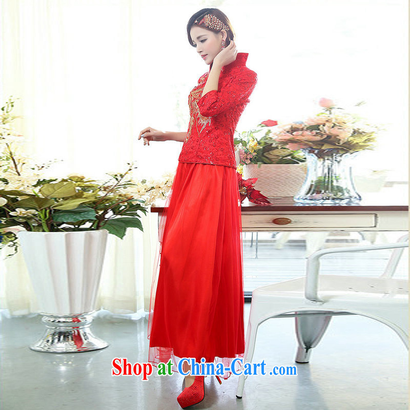 New original Chinese Ethnic Wind bridal dresses with 7 sub-cuff high-collar embroidery, female banquet body long skirt Kit beauty two-piece dress red 3XL, Michael, shopping on the Internet