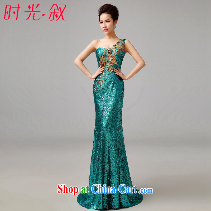 Time his long banquet evening dress at Merlion toast Service Bridal Fashion moderator female Dinner Evening Dress Evening Dress store stage dark green single shoulder dress green XXL
