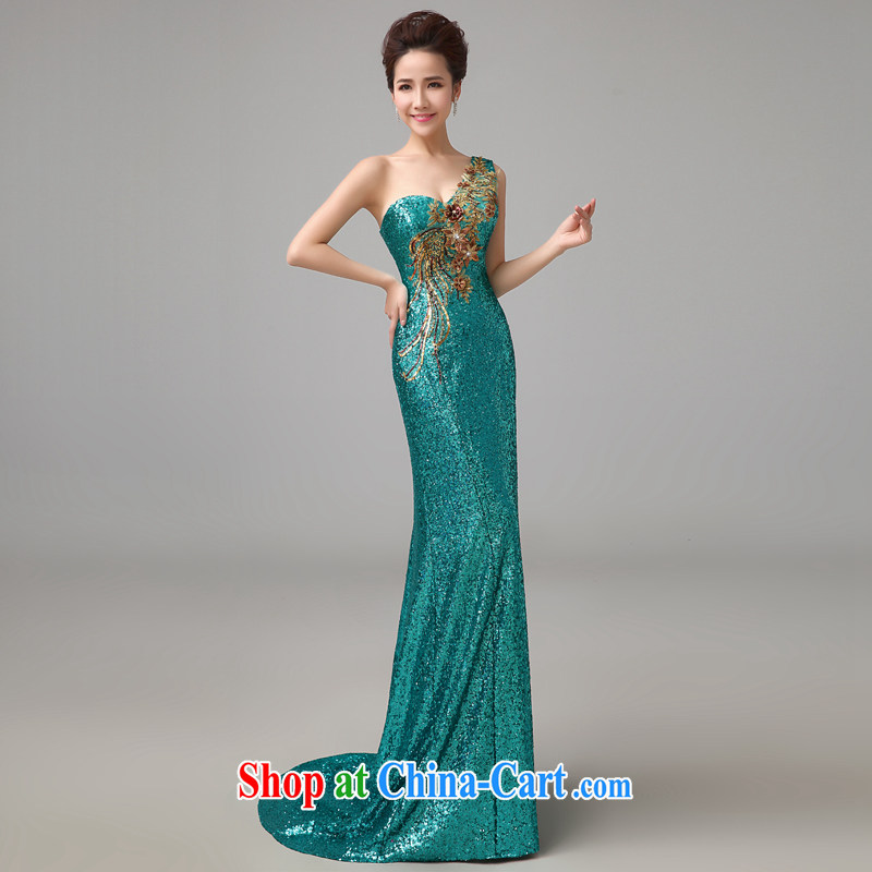 Time his long, banquet evening toast crowsfoot Service Bridal Fashion moderator female Dinner Evening Dress Evening Dress store stage dark green single shoulder dress green XXL, time, and shopping on the Internet