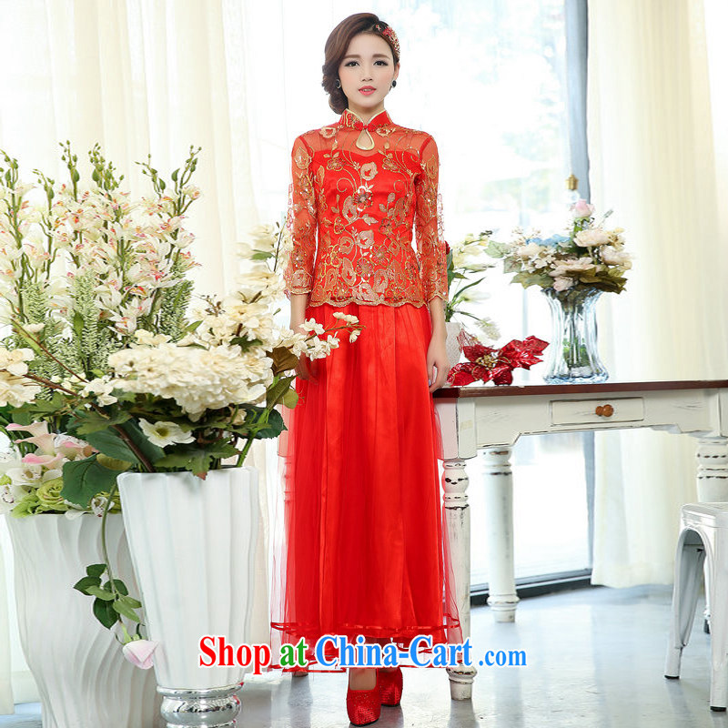 New retro China wind bridal 7 sub-cuff fluoroscopy Lace Embroidery, national dress body long skirt kit, cultivating two-piece dress red 3XL