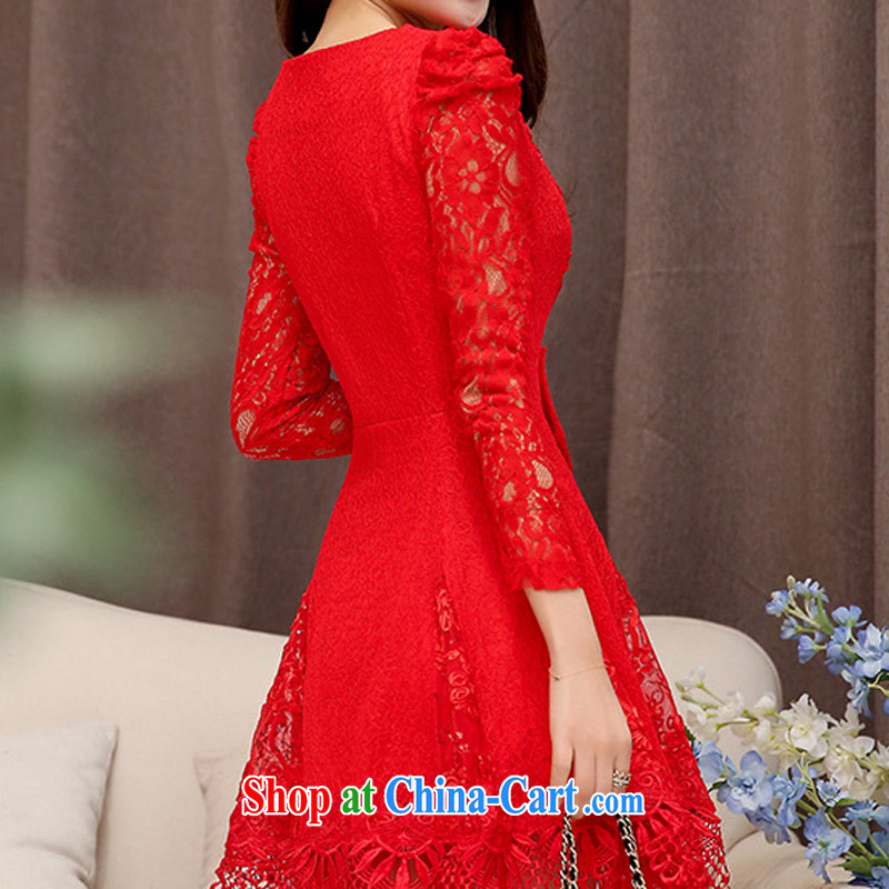 Caesar 241 brides and sprinkle with back-door service stitching lace 9 long-sleeved Openwork sleeves, with round-collar dress Annual Meeting banquet ball Evening Dress red XXL, TRIUMPHANTKS, shopping on the Internet