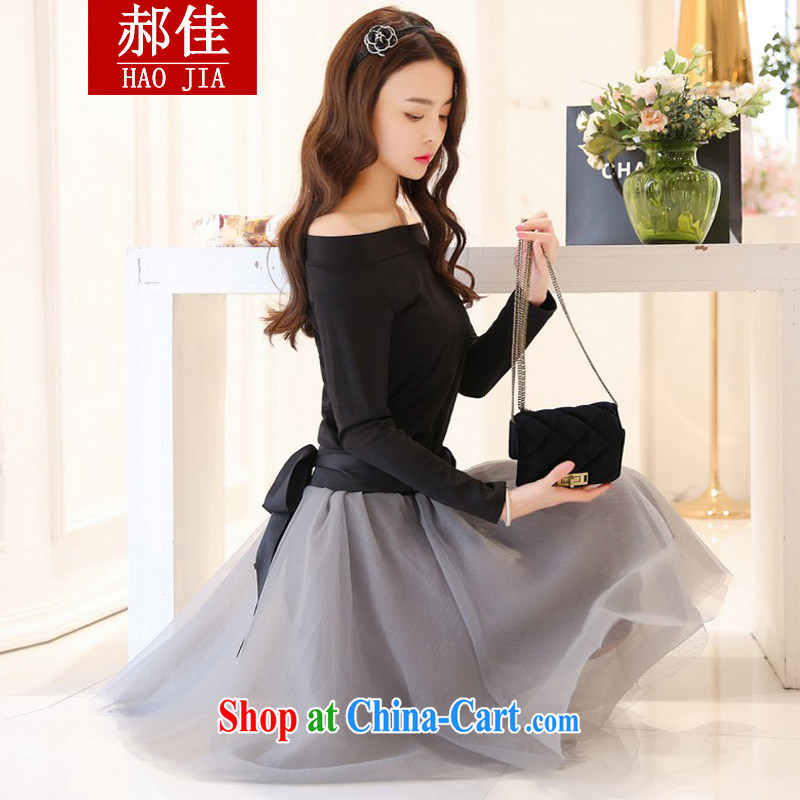 Hao better the European site custom dress girl with the small fragrant wind retro two piece Bow Tie long-sleeved dresses black T-shirt + gray half skirt L