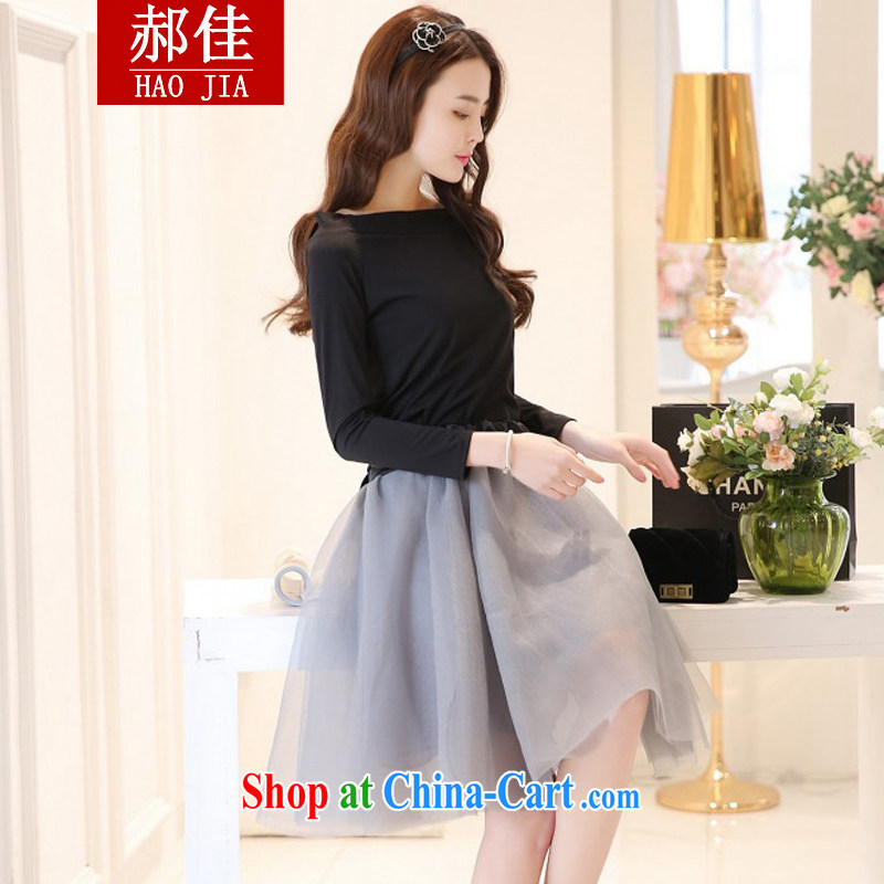 Hao better European site custom dress women's clothing, the small fragrant wind retro two piece Bow Tie long-sleeved dresses black T-shirt + gray half skirt L, Hao, and shopping on the Internet